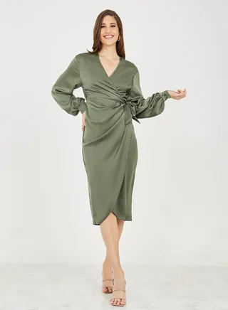 Satin V Neck Wrap Midi Dress 