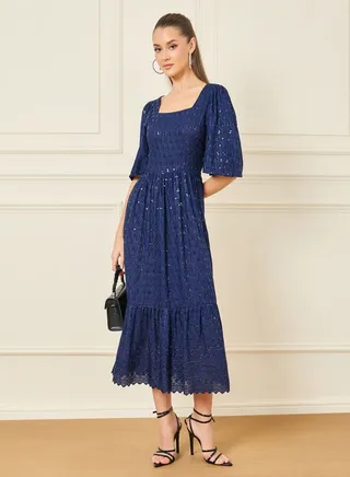 Embroidered Sequin Detail A-Line Midi Dress 