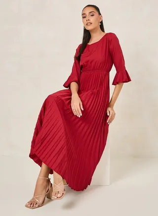 Pleated Bell Sleeves A-Line Midi Dress 