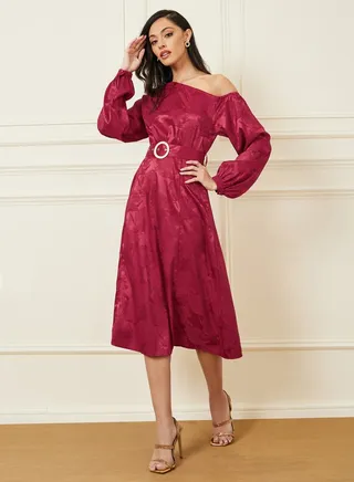 Asymmetric Neck Jacquard A-Line Midi Dress 