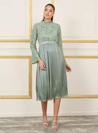 Lace Detail Satin Pleated Hem A-Line Midi Dress 