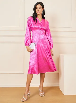 Satin Jacquard Print A-Line Midi Dress 