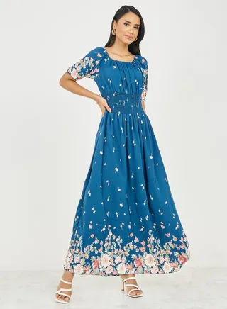 Floral Print Smocked Waist A-Line Mid Dress 