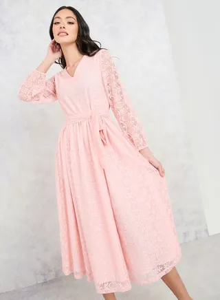 All Over Lace A-Line Midi Dress with Self Tie Up
