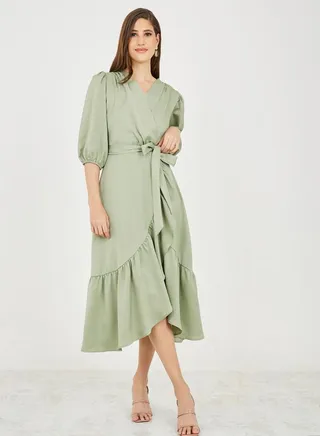 Frill Hem Self Tie Up A-Line Midi Dress 