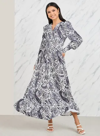 Bohemian Cuffed Sleeve A-Line Maxi Dress 