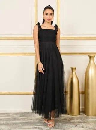 Schiffli Ruffle Strappy Mesh A-Line Maxi Dress 