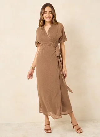 Dobby Batwing Sleeves Wrap Maxi Dress 