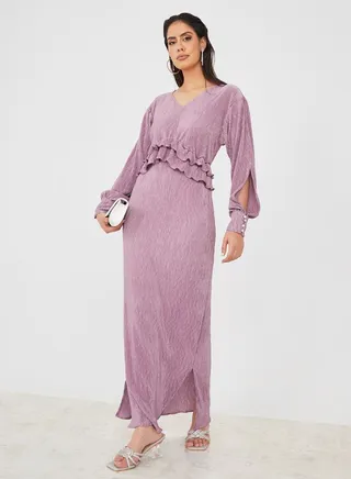Frill Detail Plisse Maxi Dress with Slit Sleeve 