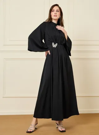 Pleated Neck Detail Maxi Dress with Embellished Butterfly