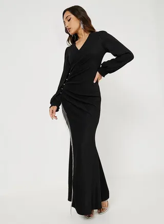 Shimmer Wrap Maxi Dress with Embellished Rhinestone & Tassel