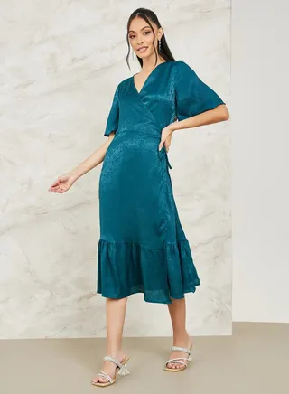 Jacquard Wrap Midi Dress with Tie Up 
