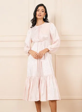 Jacquard Print Gathered Detail A-Line Midi Dress 