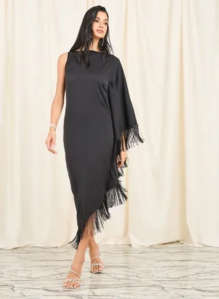 One Sleeve Asymmetric Tassel Detail Midi Dress