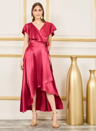 Cape Sleeves Asymmetric Hem Wrap Midi Dress 