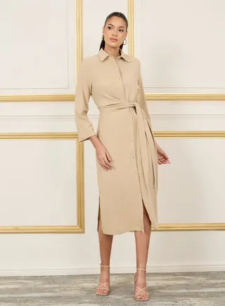 Front Tie Up Shirt Midi Dress with Side Slit 