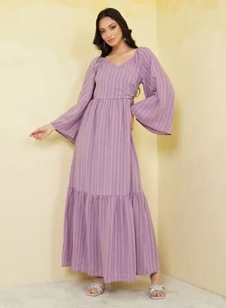 Stripes V Neck Tiered Maxi Dress 