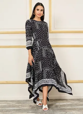 Handkerchief Print Asymmetric Hem Midi Dress 