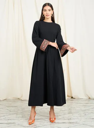 Embroidered Trim Sleeves A-Line Maxi Dress