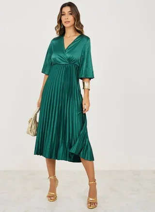 3/4 Sleeve Satin Pleated A-Line Midi Dress