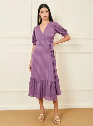 Waffle Texture Ruffle Hem Wrap Midi Dress 