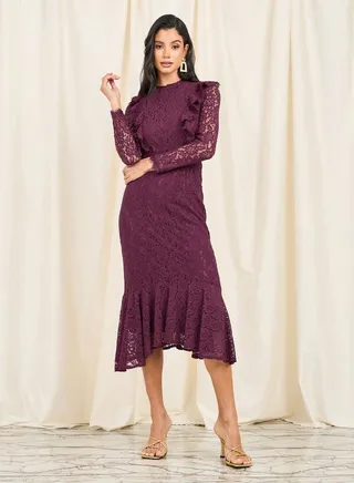 All  Over Lace Ruffle Hem Midi Dress 