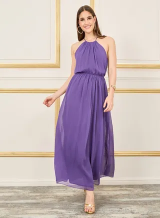 Solid Crinkle Halter Neck Sheath Maxi Dress 