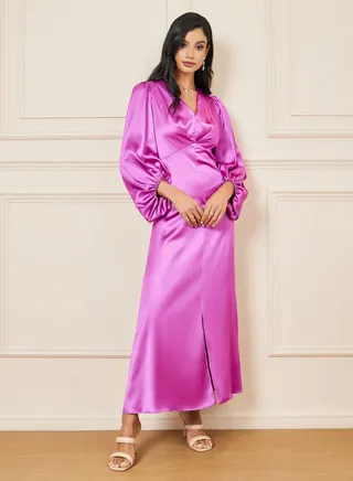 Satin Balloon Sleeves Front Slit A-Line Maxi Dress 