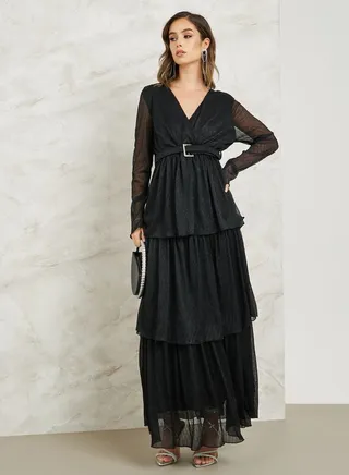 Layered Lurex Belted Maxi Dress 