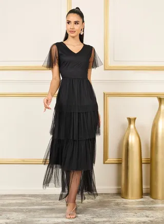 Mesh Ruffle Layered Tiered Midi Dress 