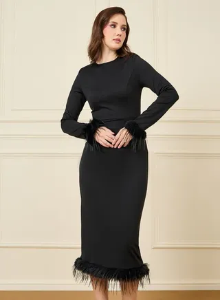 Faux Feathered Hem Sheath Midi Dress 