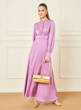 Satin Gathered High Neck Long Sleeve A-line Maxi Dress 