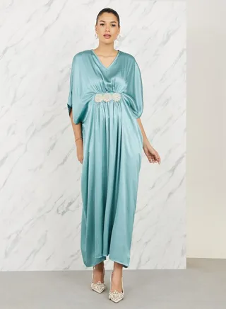Satin Embellished Waist Kaftan Maxi Dress 