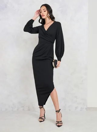 Side Pleats Asymmetric Hem Midi Dress 