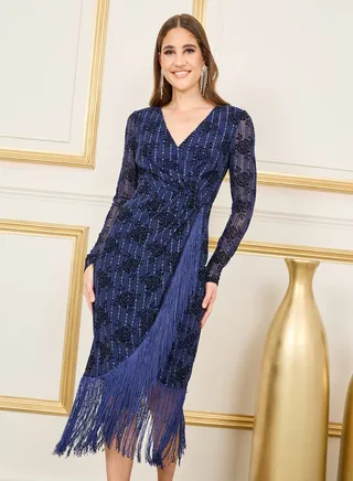 Floral Jacquard Tassel Asymmetric Hem Midi Dress 