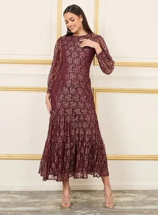 Foil Print Mesh Insert Tiered Midi Dress 