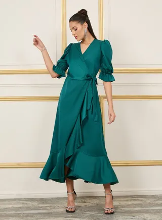 Satin Asymmetric Hem Wrap Maxi Dress 