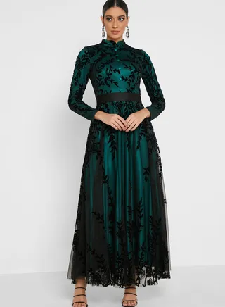 Mesh Embossed Overlay Dress Green 