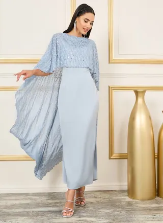 Satin Embellished Cape Layer Maxi Dress 