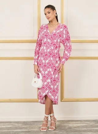 Damask Print A-Line Wrap Midi Dress 