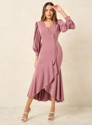 Frill Hem Mesh Insert Wrap Maxi Dress 