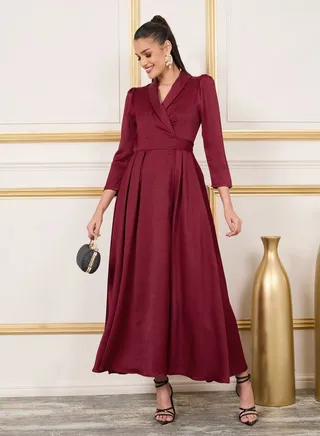 Satin Box Pleated Collared Maxi Dress