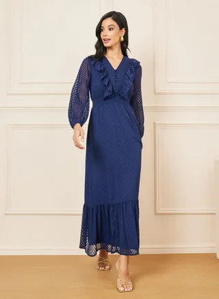 Embroidered Ruffle Hem A-Line Midi Dress 