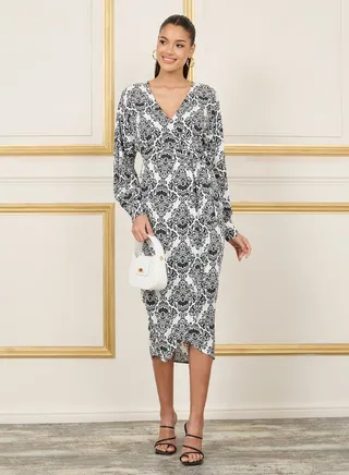 Damask Print A-Line Wrap Midi Dress 