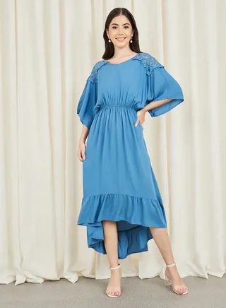 Lace Shoulder Detail Asymmetric Hem Midi Dress 