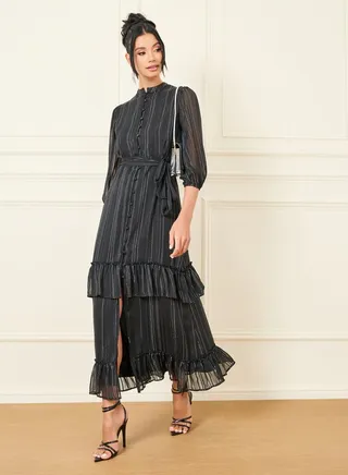 Lurex Striped High Neck Ruffle Detail Tiered Maxi Dress 