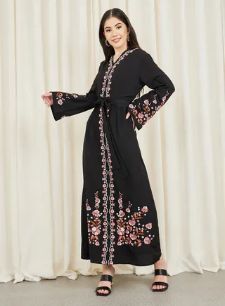 Floral Embroidered Self Tie Up Maxi Dress 
