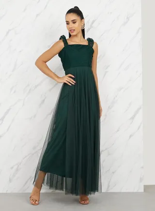 Schiffli Ruffle Strappy Mesh A-Line Maxi Dress 