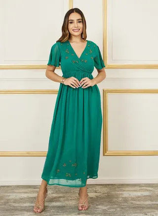 Embroidered Beaded Detail A-Line Maxi Dress 