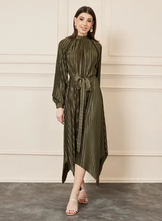 Plisse High Neck Handkerchief Hem A-Line Midi Dress with Self Tie Up 